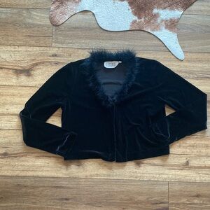 Vintage Marian & Marai black velvet cardigan with a feathered collar